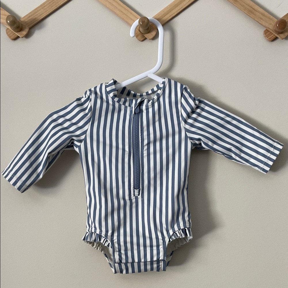 Petit Lem Long-Sleeve Baby Swimsuit - Navy & White. Size newborn 0-3. Like new!